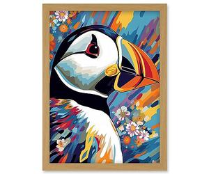 Artery8 Puffin and Flowers Acrylic Paint Vibrant Colour Brushes Psychedelic Sea Bird Artwork Framed Wall Art Print A4