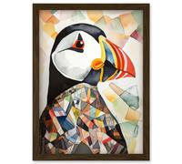 Puffin Bird Abstract Portrait Folk Art Artwork Framed Wall Art Print A4 Artery8 Brown One Size