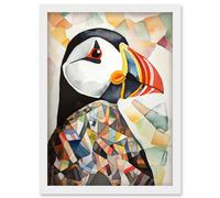 Puffin Bird Abstract Portrait Folk Art Artwork Framed Wall Art Print A4 Artery8 White One Size