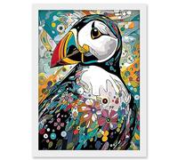 Artery8 Puffin Bird Acrylic Painting Floral Psychedelic Aquatic Bird Colourful Flowers Artwork Framed A3 Wall Art Print