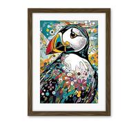 Artery8 Puffin Bird Acrylic Painting Floral Psychedelic Aquatic Bird Colourful Flowers Artwork Framed Wall Art Print 18X24 Inch