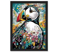 Artery8 Puffin Bird Acrylic Painting Floral Psychedelic Aquatic Bird Colourful Flowers Artwork Framed Wall Art Print A4