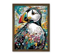 Artery8 Puffin Bird Acrylic Painting Floral Psychedelic Aquatic Bird Colourful Flowers Artwork Framed Wall Art Print 18X24 Inch