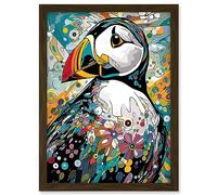 Artery8 Puffin Bird Acrylic Painting Floral Psychedelic Aquatic Bird Colourful Flowers Artwork Framed A3 Wall Art Print
