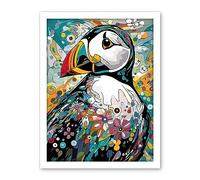 Artery8 Puffin Bird Acrylic Painting Floral Psychedelic Aquatic Bird Colourful Flowers Artwork Framed Wall Art Print 18X24 Inch