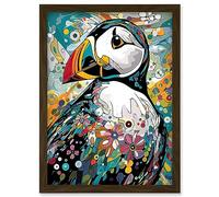 Artery8 Puffin Bird Acrylic Painting Floral Psychedelic Aquatic Bird Colourful Flowers Artwork Framed Wall Art Print A4