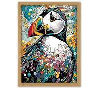 Artery8 Puffin Bird Acrylic Painting Floral Psychedelic Aquatic Bird Colourful Flowers Artwork Framed A3 Wall Art Print