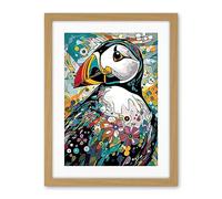 Artery8 Puffin Bird Acrylic Painting Floral Psychedelic Aquatic Bird Colourful Flowers Artwork Framed Wall Art Print 18X24 Inch