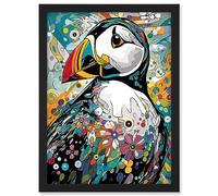 Artery8 Puffin Bird Acrylic Painting Floral Psychedelic Aquatic Bird Colourful Flowers Artwork Framed A3 Wall Art Print