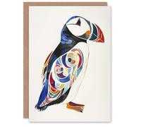 Artery8 Puffin Bird Bright Colourful Pattern Folk Art Blank For Him Or Her Art Birthday Card