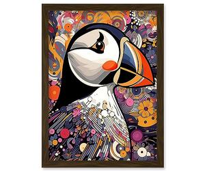 Artery8 Puffin Bird Geometric Patterns Colourful Busy Bright Psychedelic Modern Maximalist Artwork Framed Wall Art Print A4