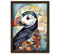 Artery8 Puffin Bird Portrait Folk Art Artwork Framed A3 Wall Art Print