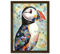 Artery8 Puffin Bird Portrait Pastel Colour Folk Art Artwork Framed Wall Art Print A4