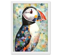 Puffin Bird Portrait Pastel Colour Folk Art Artwork Framed Wall Art Print A4 Artery8 White One Size