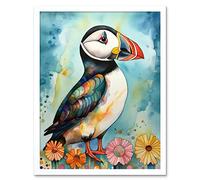 Artery8 Puffin Bird With Flowers Folk Art Art Print Framed Poster Wall Decor 12x16 inch