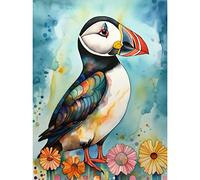 Artery8 Puffin Bird With Flowers Folk Art Unframed Wall Art Print Poster Home Decor Premium