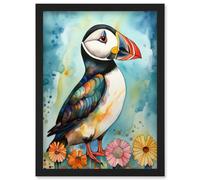 Artery8 Puffin Bird With Flowers Folk Art Artwork Framed Wall Art Print A4 in Black Artery8 Black