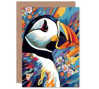 Artery8 Puffin and Flowers Vibrant Colourful for Wife Her Mum Sister Daughter Mom Gran Nan Birthday Thank You Congratulations Blank Art Greeting Card