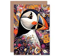 Artery8 Puffin Portrait Bird Lover Geometric Maximalist Wife Her Mum Sister Daughter Mom Gran Nan Birthday Thank You Congratulations Blank Art Greeting Card