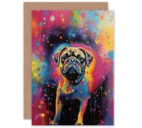 Artery8 Pug Dog Lover Gift Pet Portrait Colourful Neon Artwork Painting Greeting Card Artery8 Multicolor