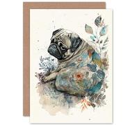 Artery8 Pug Dog with Floral Pattern Modern Multicoloured Watercolour Illustration Art Birthday Sealed Greeting Card Plus Envelope Blank inside