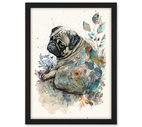 Artery8 Pug Dog with Floral Pattern Modern Multicoloured Watercolour Illustration Artwork Framed A3 Wall Art Print