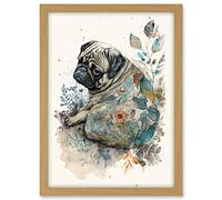 Artery8 Pug Dog with Floral Pattern Modern Multicoloured Watercolour Illustration Artwork Framed A3 Wall Art Print