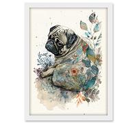 Artery8 Pug Dog with Floral Pattern Modern Multicoloured Watercolour Illustration Artwork Framed A3 Wall Art Print