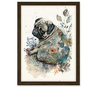 Artery8 Pug Dog with Floral Pattern Modern Multicoloured Watercolour Illustration Artwork Framed A3 Wall Art Print