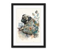 Artery8 Pug Dog with Floral Pattern Modern Multicoloured Watercolour Illustration Artwork Framed Wall Art Print 18X24 Inch