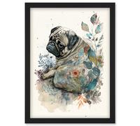 Artery8 Pug Dog With Floral Pattern Modern Multicoloured Watercolour Illustration Wall Art Print - A4 Size