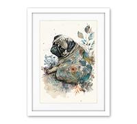 Artery8 Pug Dog with Floral Pattern Modern Multicoloured Watercolour Illustration Artwork Framed Wall Art Print 18X24 Inch