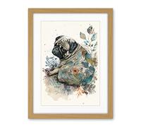 Artery8 Pug Dog with Floral Pattern Modern Multicoloured Watercolour Illustration Artwork Framed Wall Art Print 18X24 Inch