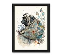 Artery8 Pug Dog with Floral Pattern Modern Multicoloured Watercolour Illustration Artwork Framed Wall Art Print 18X24 Inch