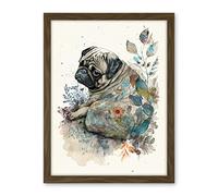 Artery8 Pug Dog with Floral Pattern Modern Multicoloured Watercolour Illustration Artwork Framed Wall Art Print 18X24 Inch