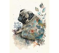 Artery8 Pug Dog with Floral Pattern Modern Multicoloured Watercolour Illustration Extra Large XL Wall Art Poster Print