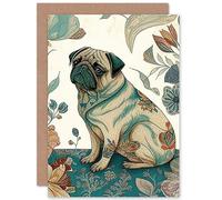 Artery8 Pug Dog with Floral Patterns Vintage Inspired Multicoloured Linocut Illustration Art Birthday Sealed Greeting Card Plus Envelope Blank inside