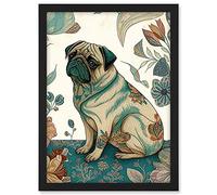 Artery8 Pug Dog with Floral Patterns Vintage Inspired Multicoloured Linocut Illustration Artwork Framed A3 Wall Art Print