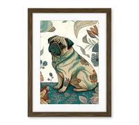 Artery8 Pug Dog with Floral Patterns Vintage Inspired Multicoloured Linocut Illustration Artwork Framed Wall Art Print 18X24 Inch