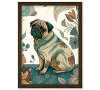 Artery8 Pug Dog with Floral Patterns Vintage Inspired Multicoloured Linocut Illustration Artwork Framed Wall Art Print A4 in Brown Artery8 Brown