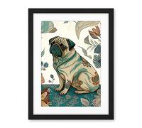 Artery8 Pug Dog with Floral Patterns Vintage Inspired Multicoloured Linocut Illustration Artwork Framed Wall Art Print 18X24 Inch