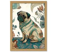 Artery8 Pug Dog with Floral Patterns Vintage Inspired Multicoloured Linocut Illustration Artwork Framed A3 Wall Art Print