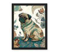 Artery8 Pug Dog with Floral Patterns Vintage Inspired Multicoloured Linocut Illustration Artwork Framed Wall Art Print 18X24 Inch