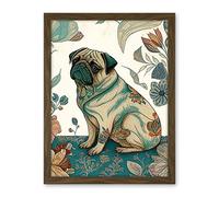 Artery8 Pug Dog with Floral Patterns Vintage Inspired Multicoloured Linocut Illustration Artwork Framed Wall Art Print 18X24 Inch