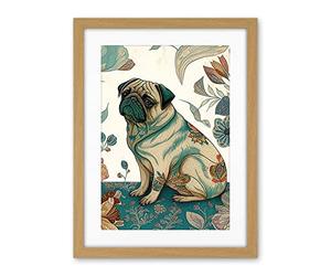 Artery8 Pug Dog with Floral Patterns Vintage Inspired Multicoloured Linocut Illustration Artwork Framed Wall Art Print 18X24 Inch
