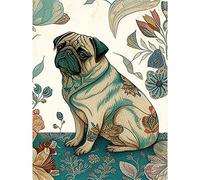Artery8 Pug Dog with Floral Patterns Vintage Inspired Multicoloured Linocut Illustration Extra Large XL Wall Art Poster Print