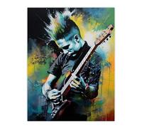 Artery8 Punk Music Artwork Blue Yellow Guitarist Playing At Concert Vibrant Portrait Extra Large XL Wall Art Poster Print