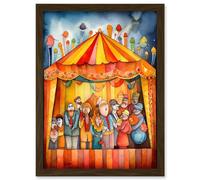 Puppet Theatre Stage End of Show Applause Modern Folk Art Watercolour Painting Artwork Framed Wall Art Print A4 Artery8 Brown One Size