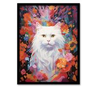 Artery8 Pure White Cat Lover Gift Pet Portrait Colourful Artwork Painting Artwork Framed Wall Art Print A4