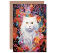 Artery8 Pure White Cat Lover Gift Pet Portrait Colourful Artwork Painting Sealed Greeting Card Plus Envelope Blank inside